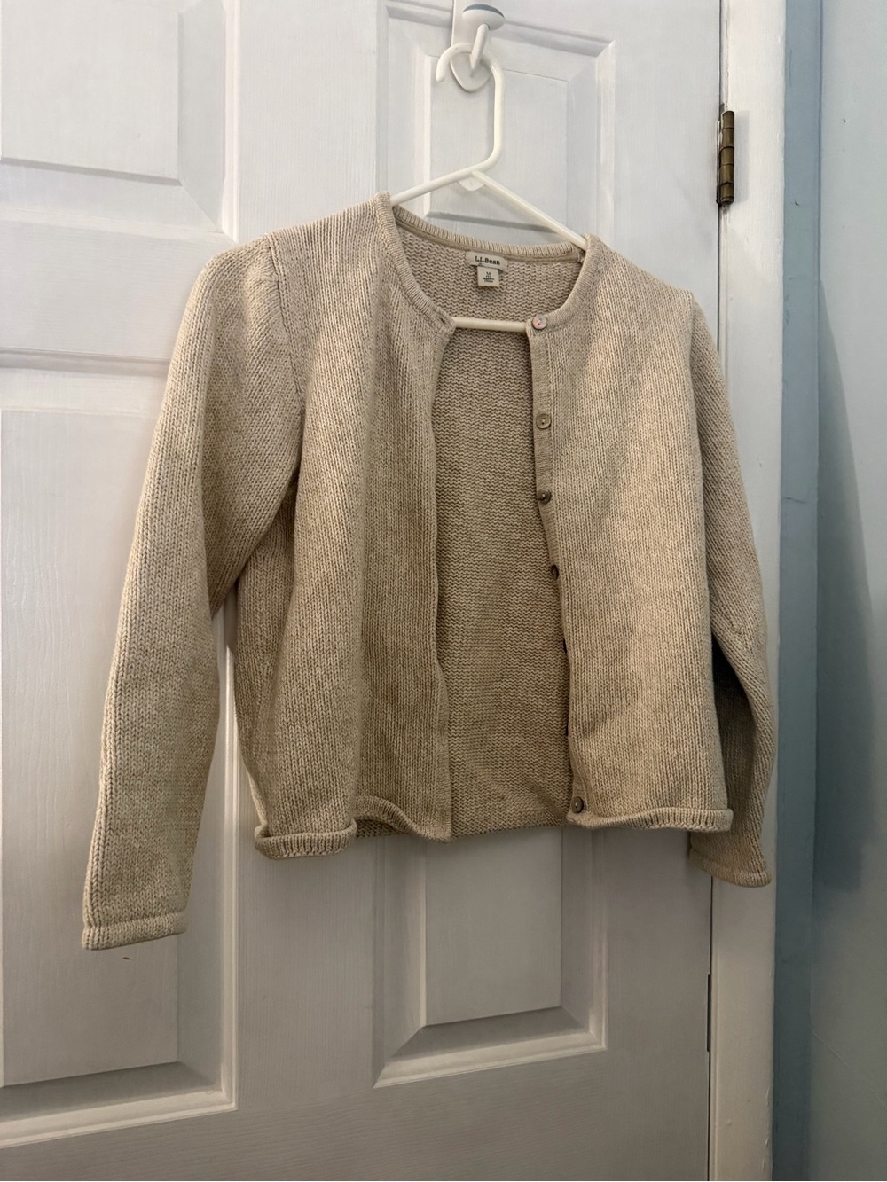 L.L.Bean Women’s M Petite Beige 100% Cotton Button Front Cardigan Sweater